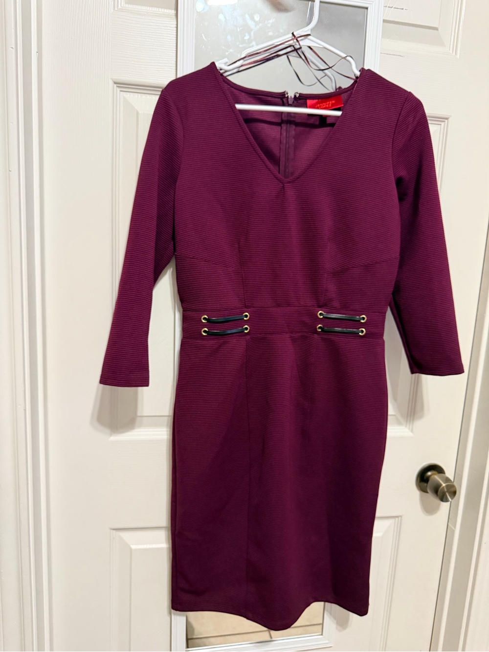 Jennifer Lopez Plum V-Neck Sheath Dress with Gold Eyelet Detail